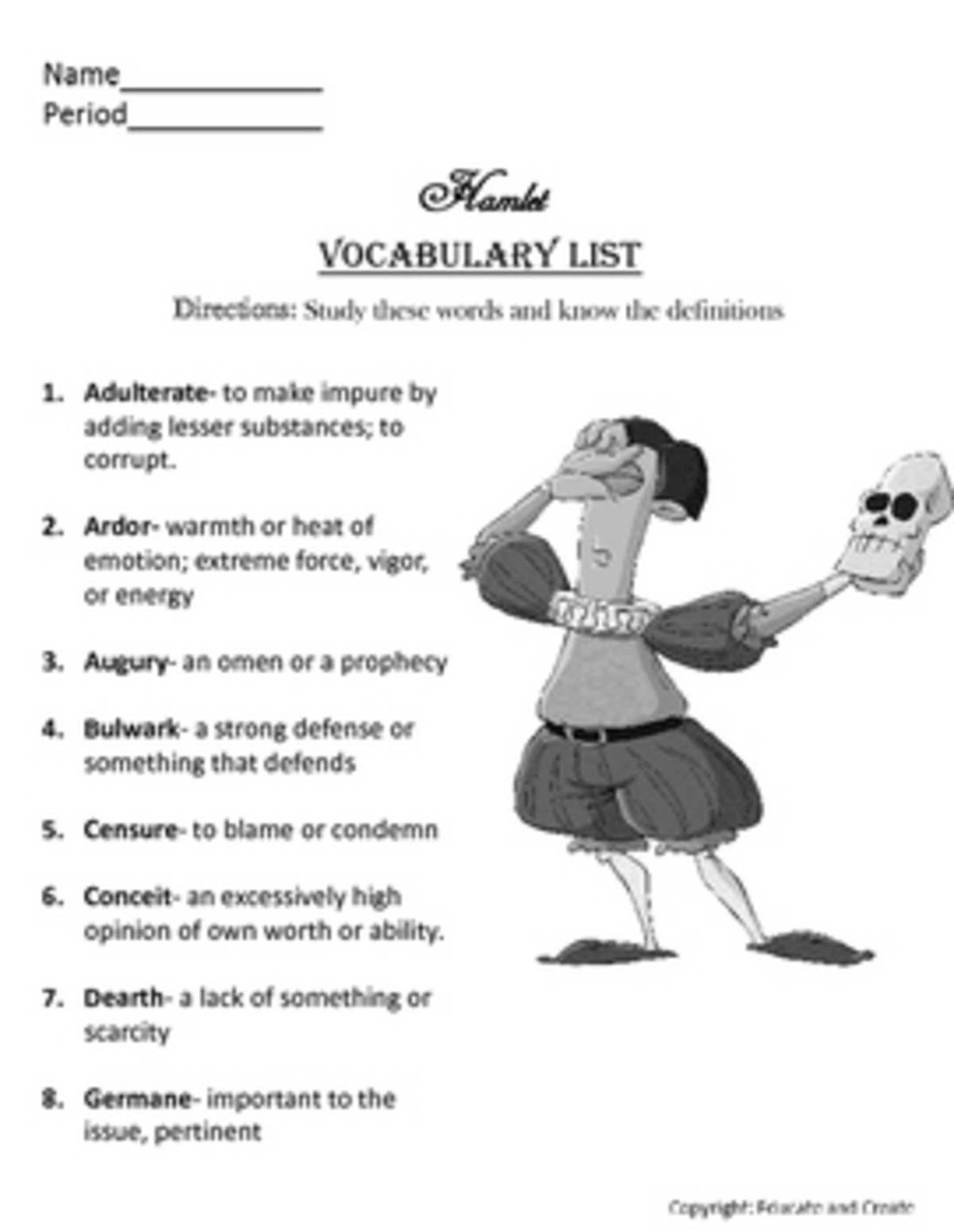 An educational teaching resource from Educate and Create entitled Hamlet Vocabulary list and quiz downloadable at Teach Simple.