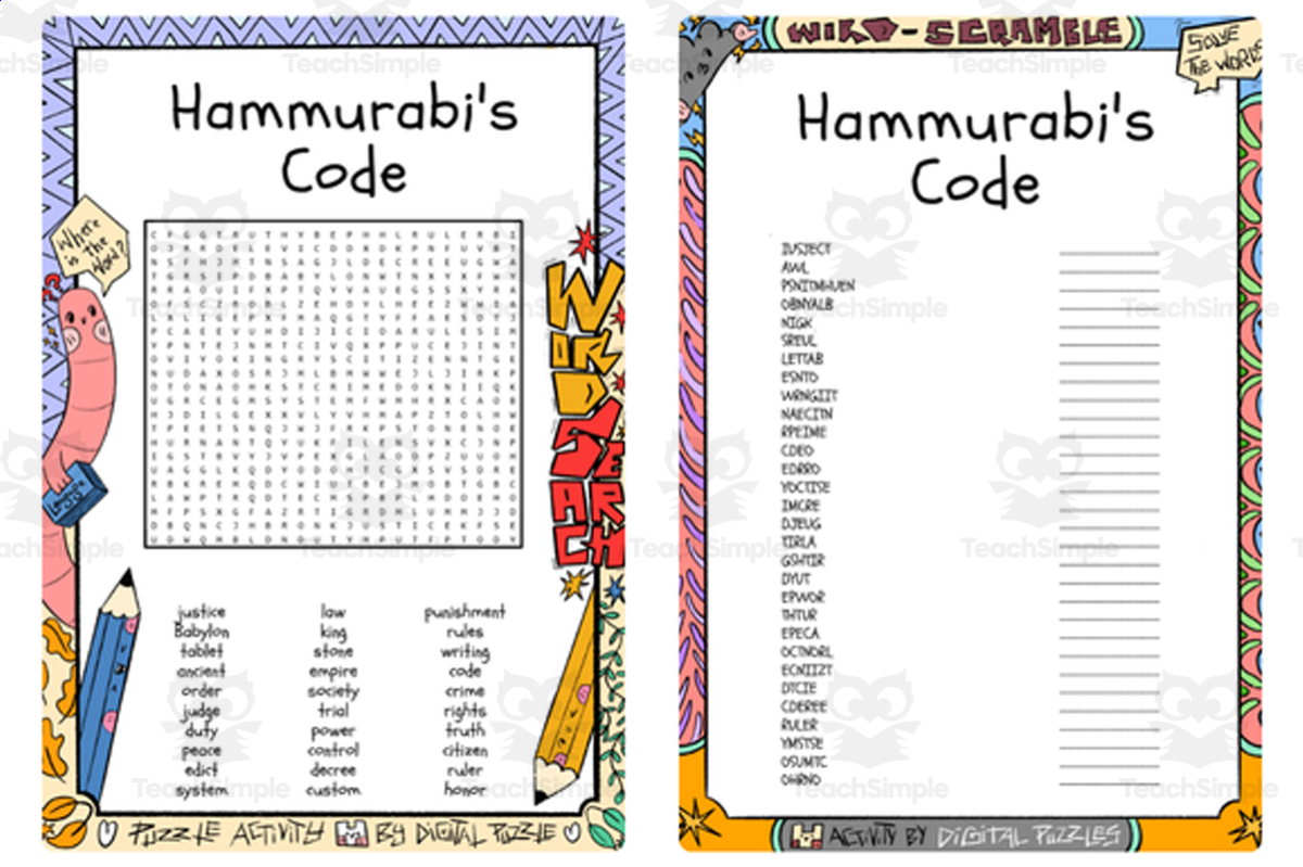 An educational teaching resource from Lapiiin Art Activities entitled Hammurabi's Code word search & scramble downloadable at Teach Simple.