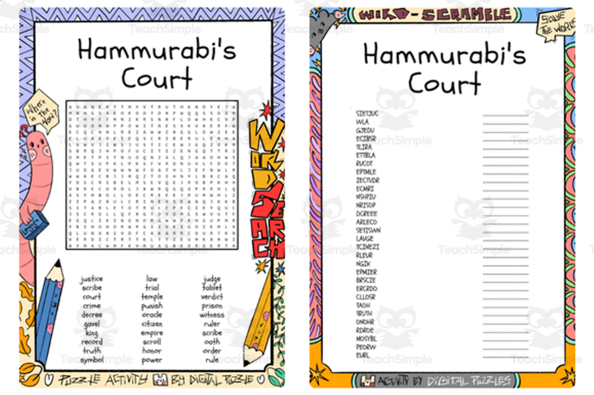 An educational teaching resource from Lapiiin Art Activities entitled Hammurabi's Court word search & scramble downloadable at Teach Simple.
