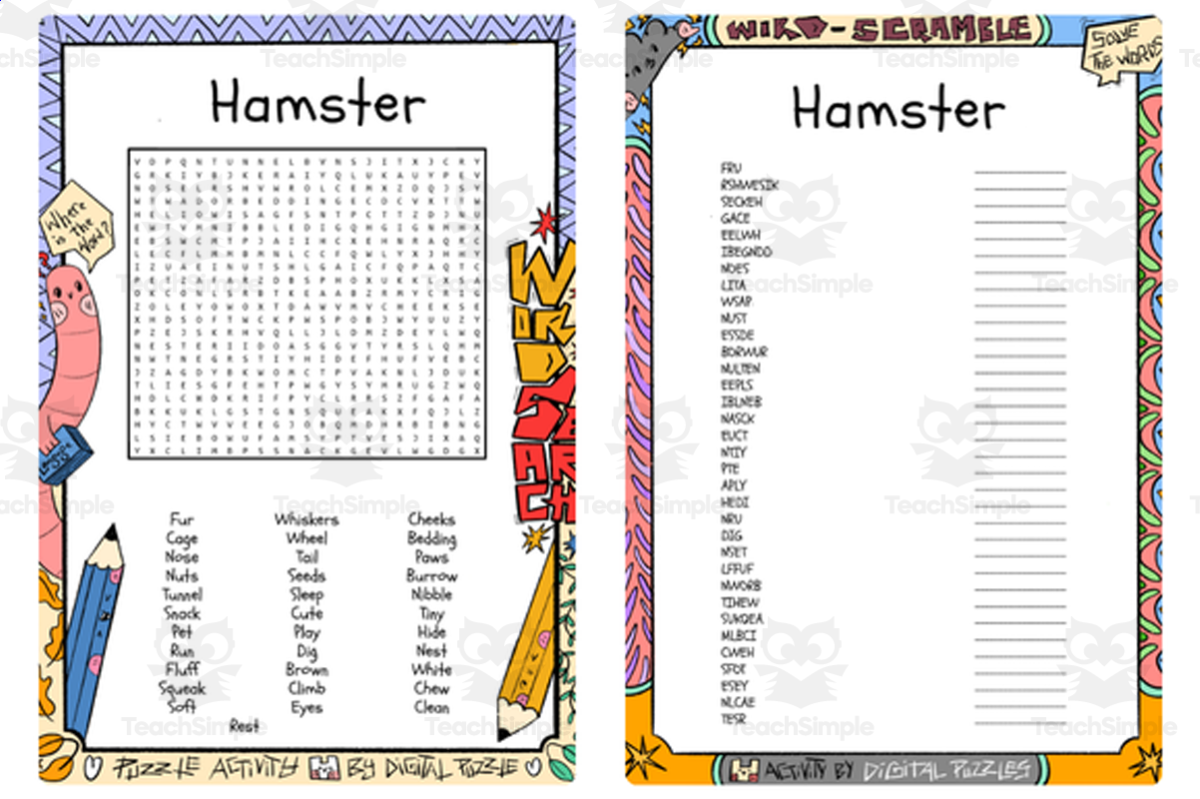 An educational teaching resource from Lapiiin Art Activities entitled Hamster word search & scramble downloadable at Teach Simple.