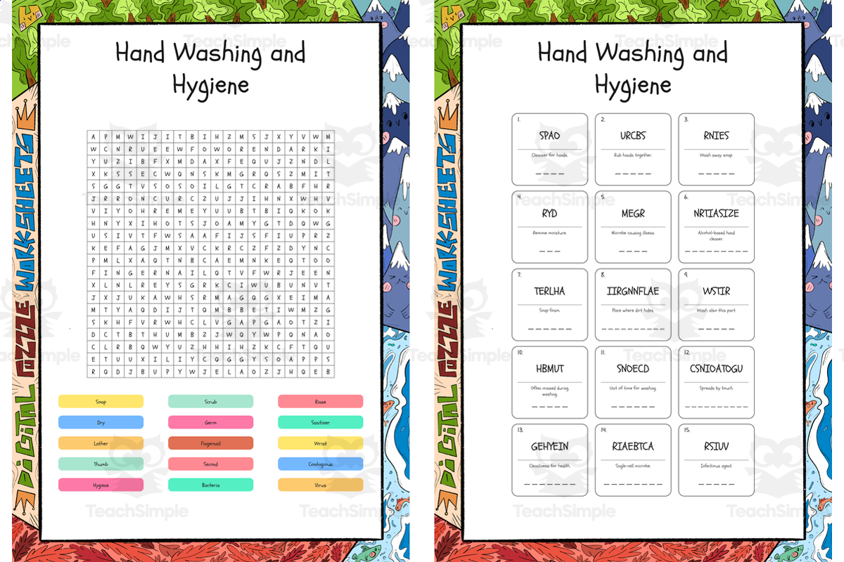 An educational teaching resource from Lapiiin Art Activities entitled Hand Washing and Hygiene word search, scramble and crossword puzzle downloadable at Teach Simple.