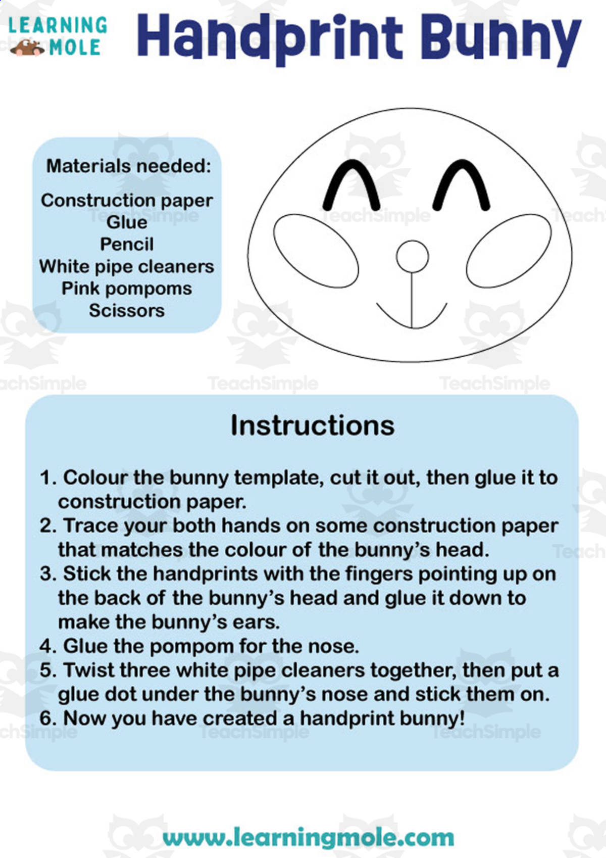 An educational teaching resource from Educational Voice entitled Handprint Bunny Activity downloadable at Teach Simple.
