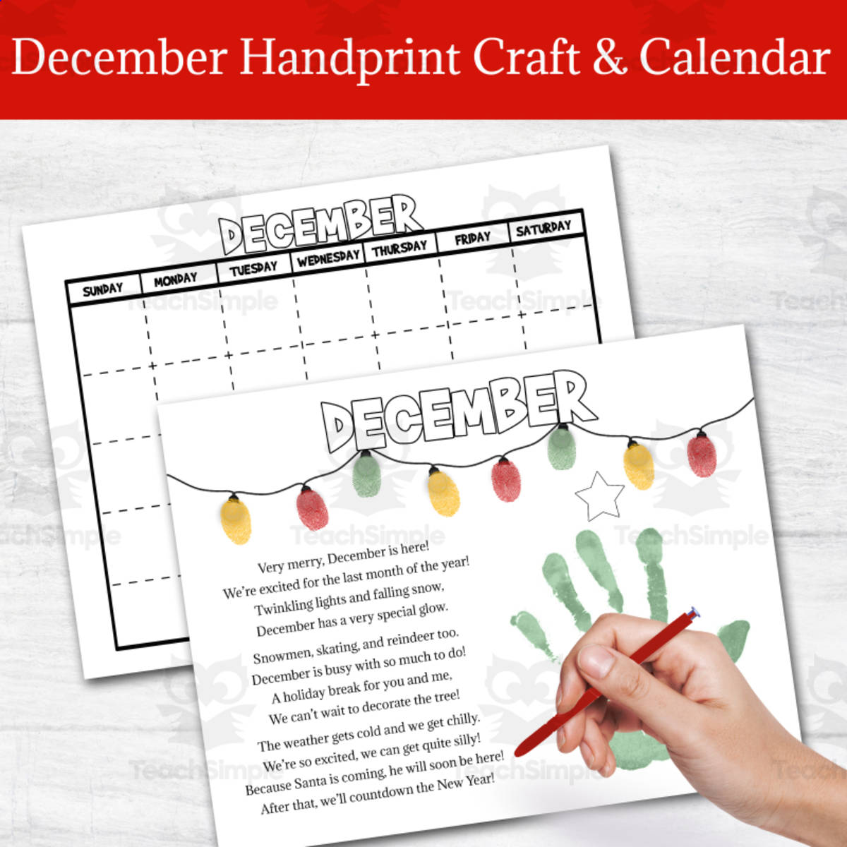 An educational teaching resource from Forever June Digital Design entitled Handprint Calendar & Poem - DECEMBER Colouring Craft downloadable at Teach Simple.