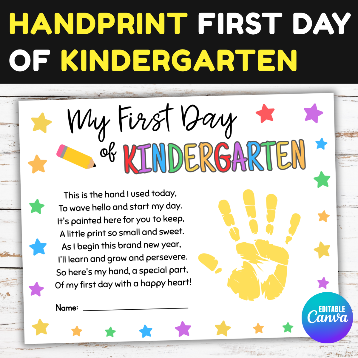 An educational teaching resource from screenzro entitled Handprint First Day of Kindergarten Back to School Poem Craft Keepsake downloadable at Teach Simple.