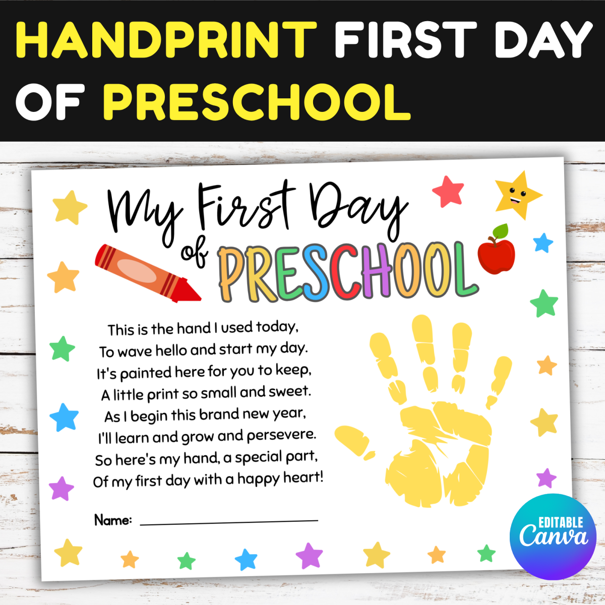 An educational teaching resource from screenzro entitled Handprint First Day of Preschool Craft, Back to School Keepsake Art downloadable at Teach Simple.