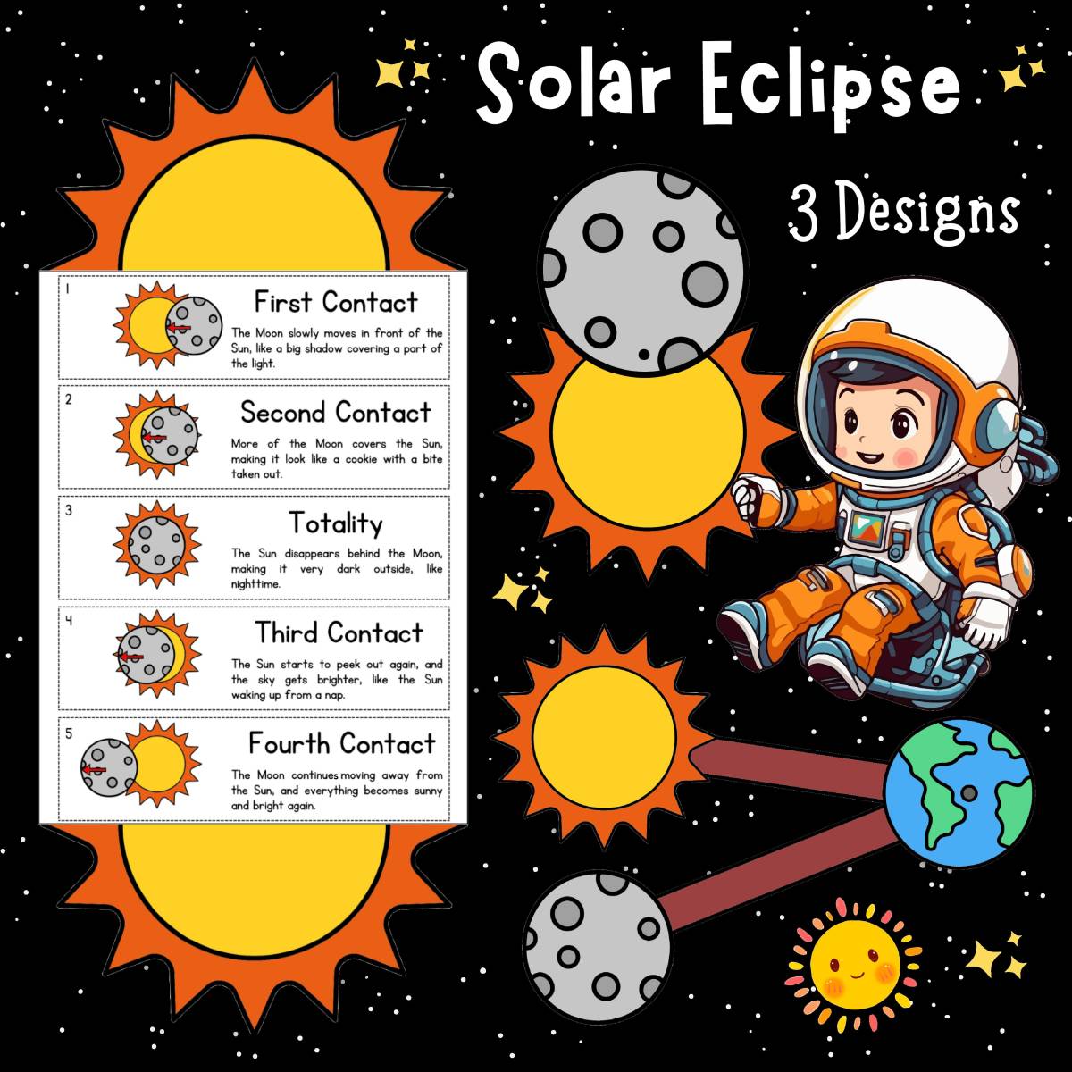 An educational teaching resource from 1 Teaches 2 Learn entitled Hands-On Solar Eclipse Crafts – Engaging Activities for Pre-K to 5th G downloadable at Teach Simple.