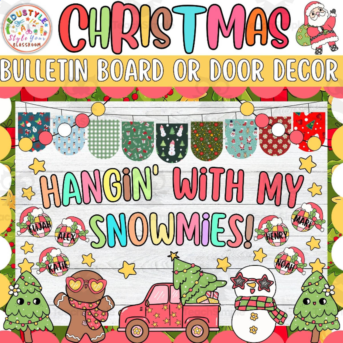 An educational teaching resource from Style Your Classroom entitled Hangin' With My snow: Retro Christmas Bulletin Board or Door Decor Kit downloadable at Teach Simple.