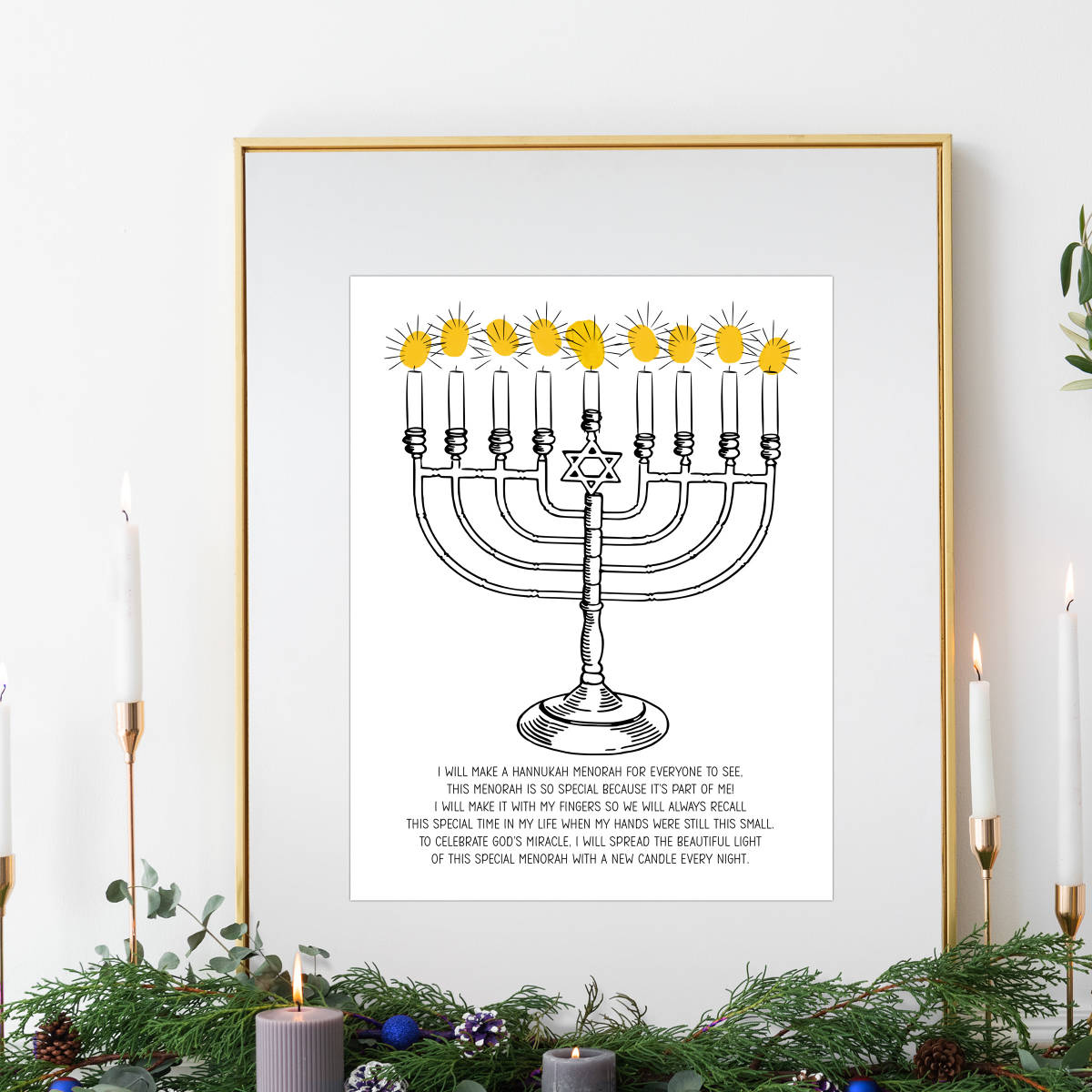 An educational teaching resource from Forever June Digital Design entitled Hanukkah Activities, Menorah Fingerprint Craft, Jewish Day School Art downloadable at Teach Simple.