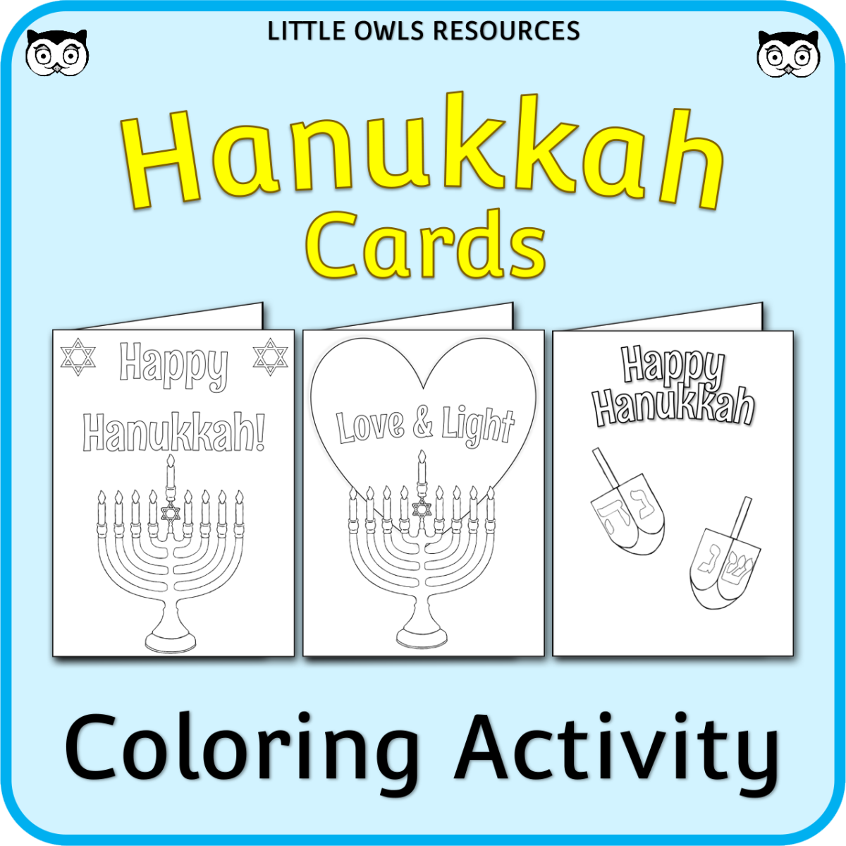 An educational teaching resource from Little Owls Resources entitled Hanukkah Cards downloadable at Teach Simple.