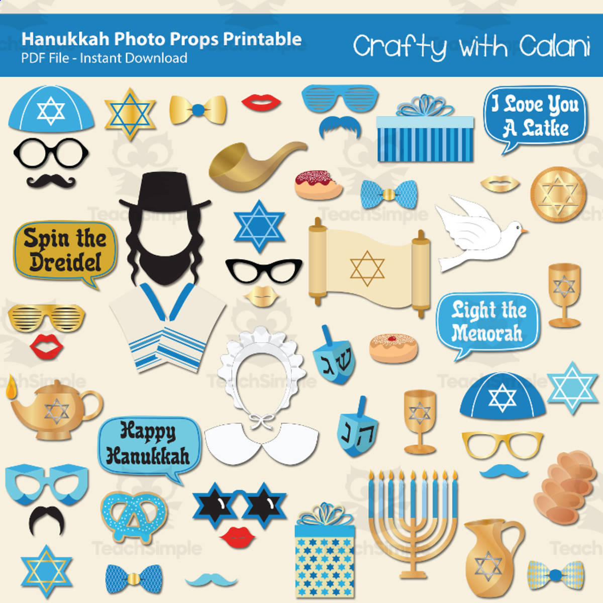 An educational teaching resource from Crafty with Calani entitled Hanukkah Jewish Holiday Photo Booth Prop Classroom Activity downloadable at Teach Simple.