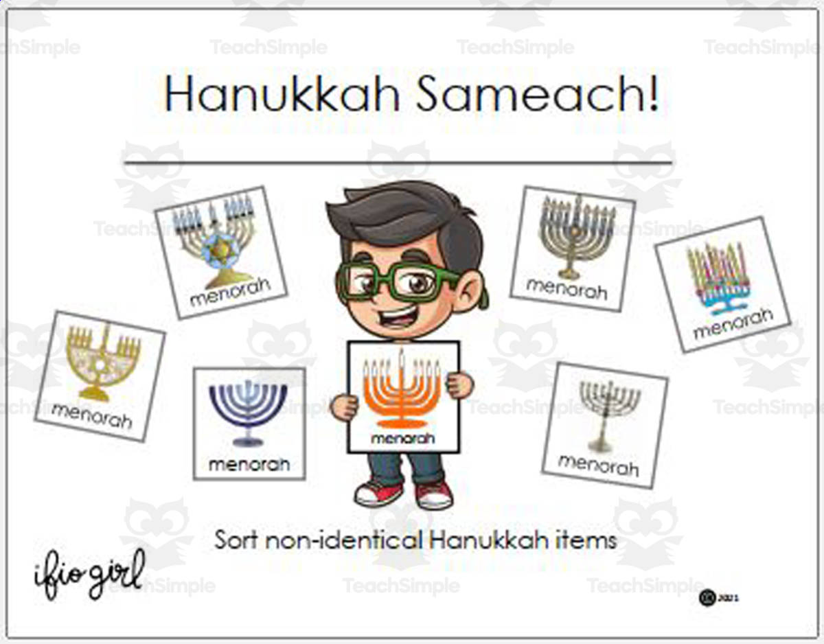 An educational teaching resource from IFIO girl - I'll Figure It Out entitled Hanukkah Sameach! - Sort non-identical Hanukkah items downloadable at Teach Simple.