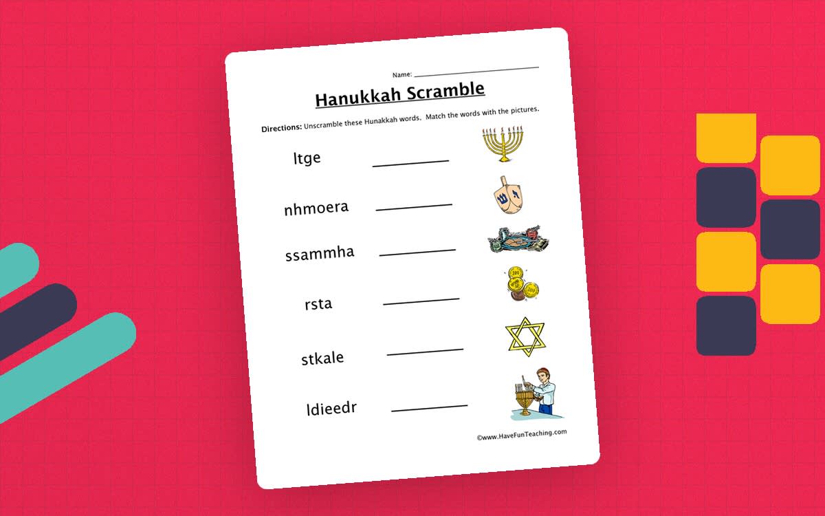 An educational teaching resource from Have Fun Teaching entitled Hanukkah Scramble Worksheet downloadable at Teach Simple.