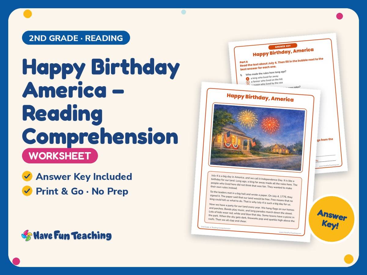 Happy Birthday America – Reading Comprehension Worksheet – 2nd Grade preview