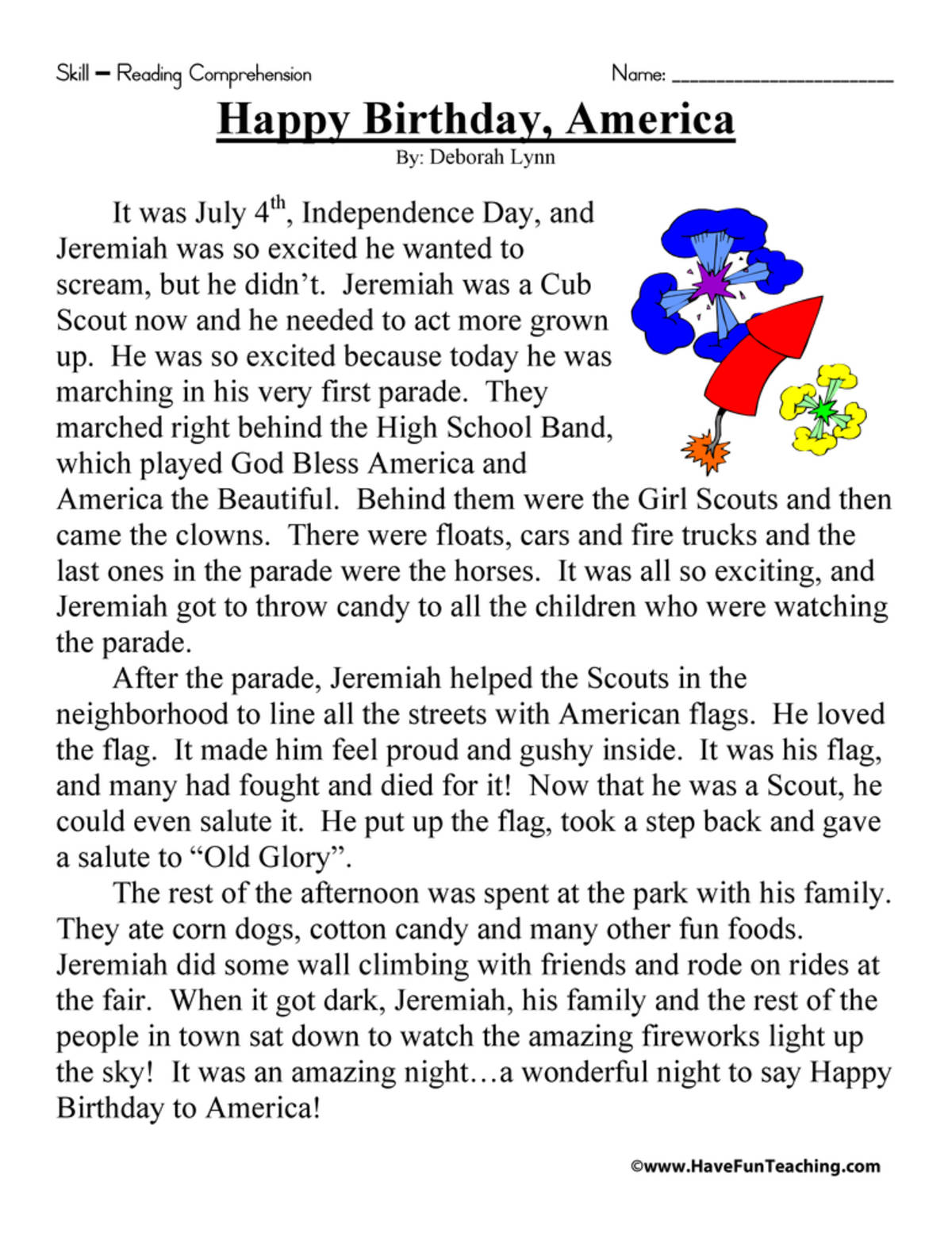 An educational teaching resource from Have Fun Teaching entitled Happy Birthday America - Reading Comprehension Worksheet downloadable at Teach Simple.