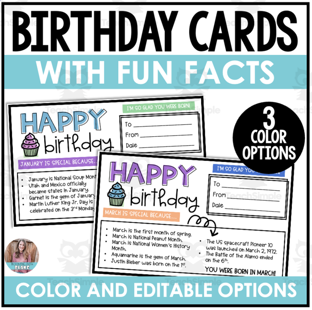 An educational teaching resource from Blooming with Blake entitled Happy Birthday Certificate Cards with Monthly Fun Facts downloadable at Teach Simple.