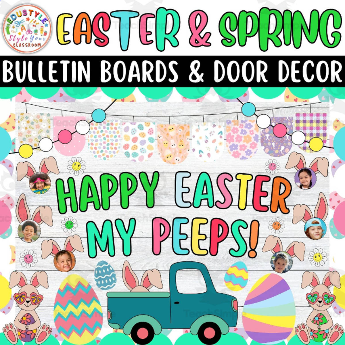 An educational teaching resource from Style Your Classroom entitled Easter Peeps Bulletin Board – Spring Door Decor Kit downloadable at Teach Simple.