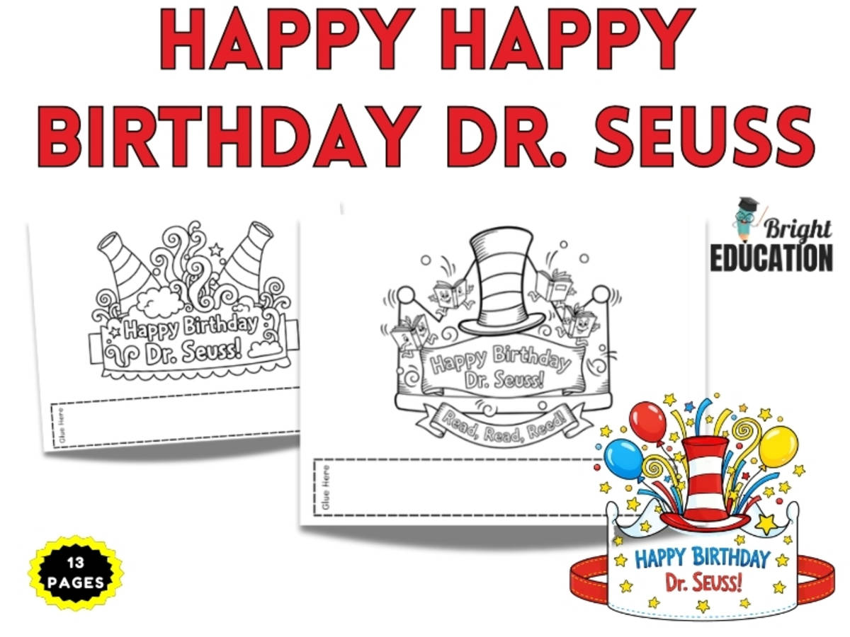 An educational teaching resource from Bright Education entitled Dr. Seuss Birthday Hat Crowns – Coloring Craft downloadable at Teach Simple.