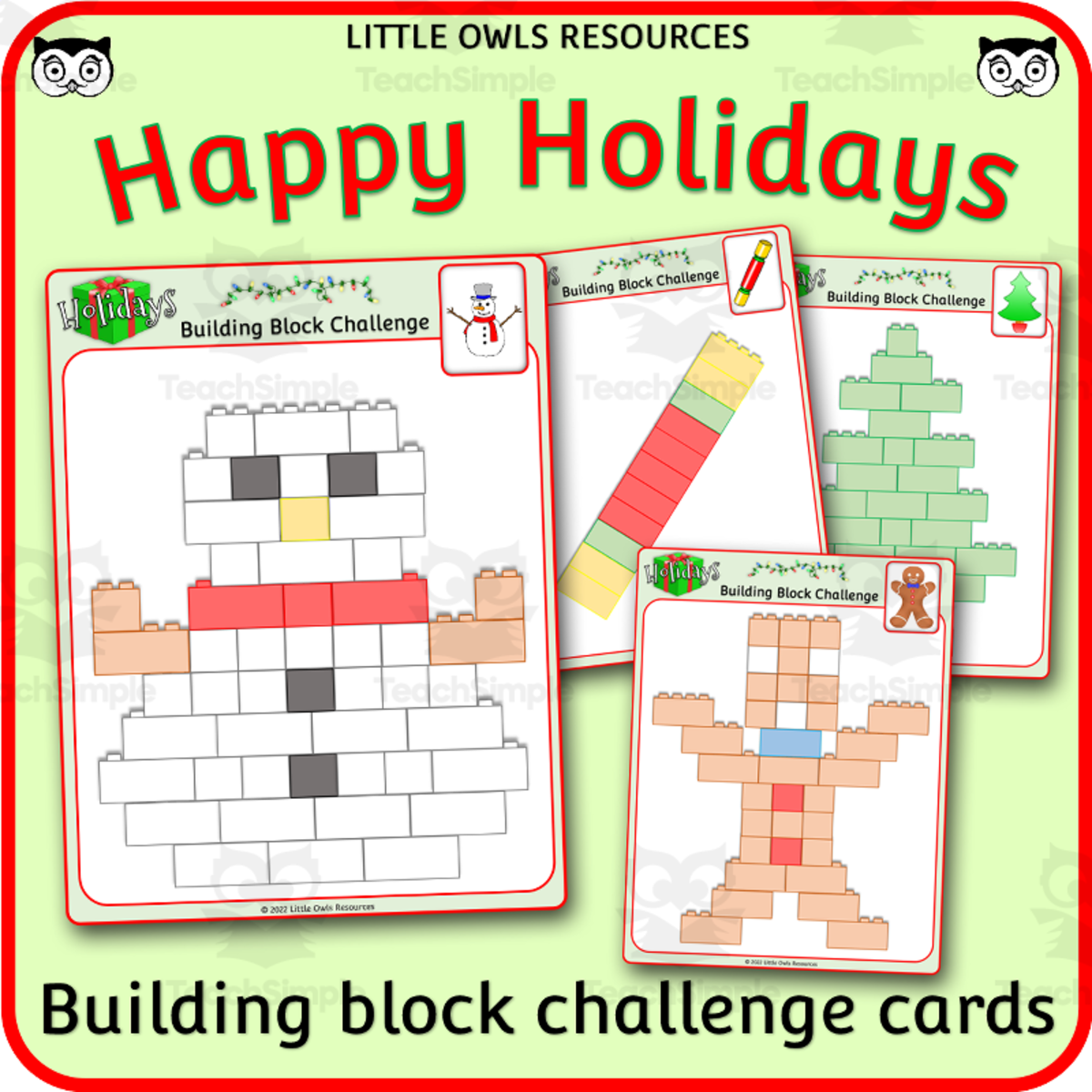 An educational teaching resource from Little Owls Resources entitled Happy Holiday Building Block Challenge Cards - Christmas / Holidays downloadable at Teach Simple.