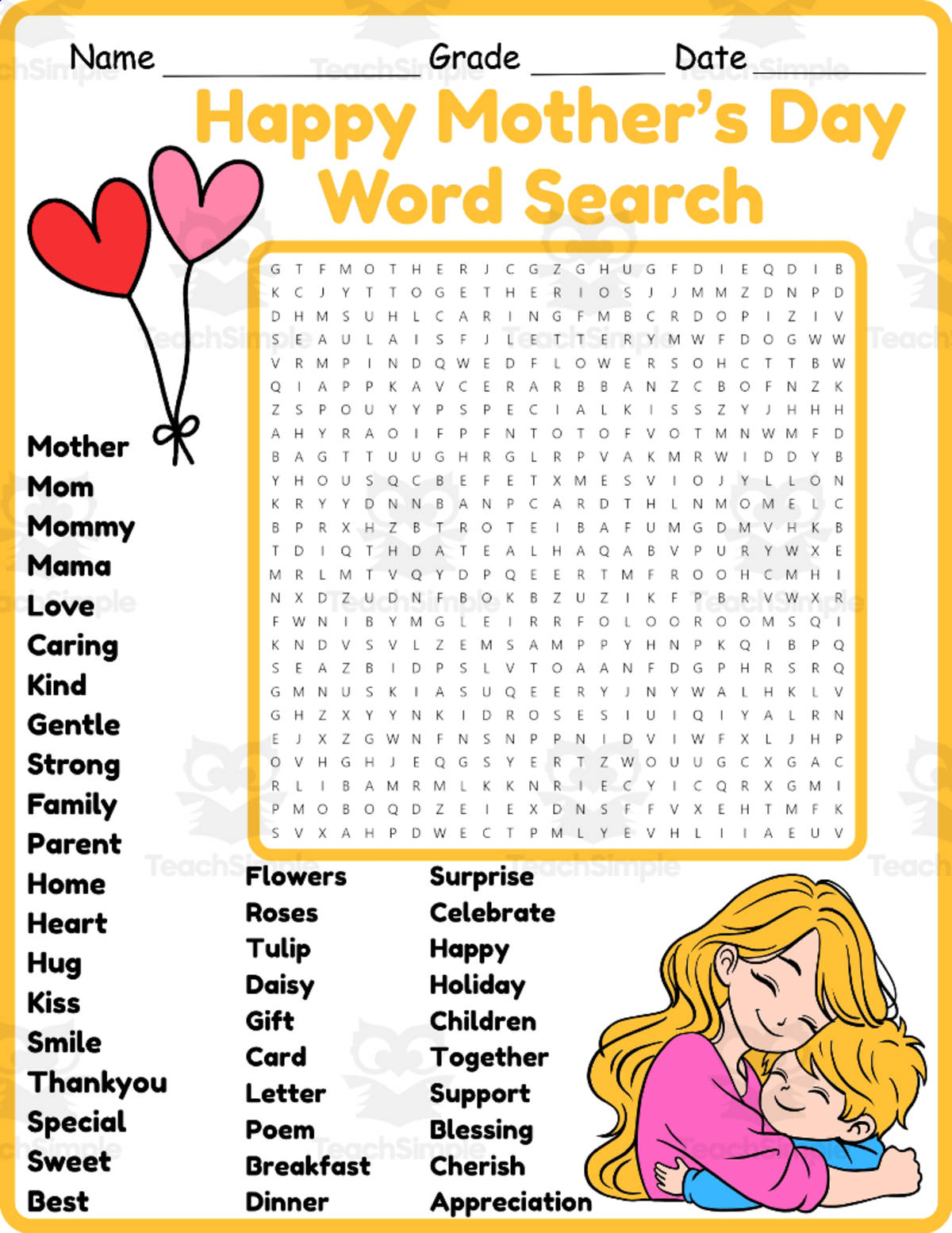 An educational teaching resource from Classsimple entitled Happy Mother's' Day Word Search 2rd 3th 4th 5th Grade worksheet downloadable at Teach Simple.