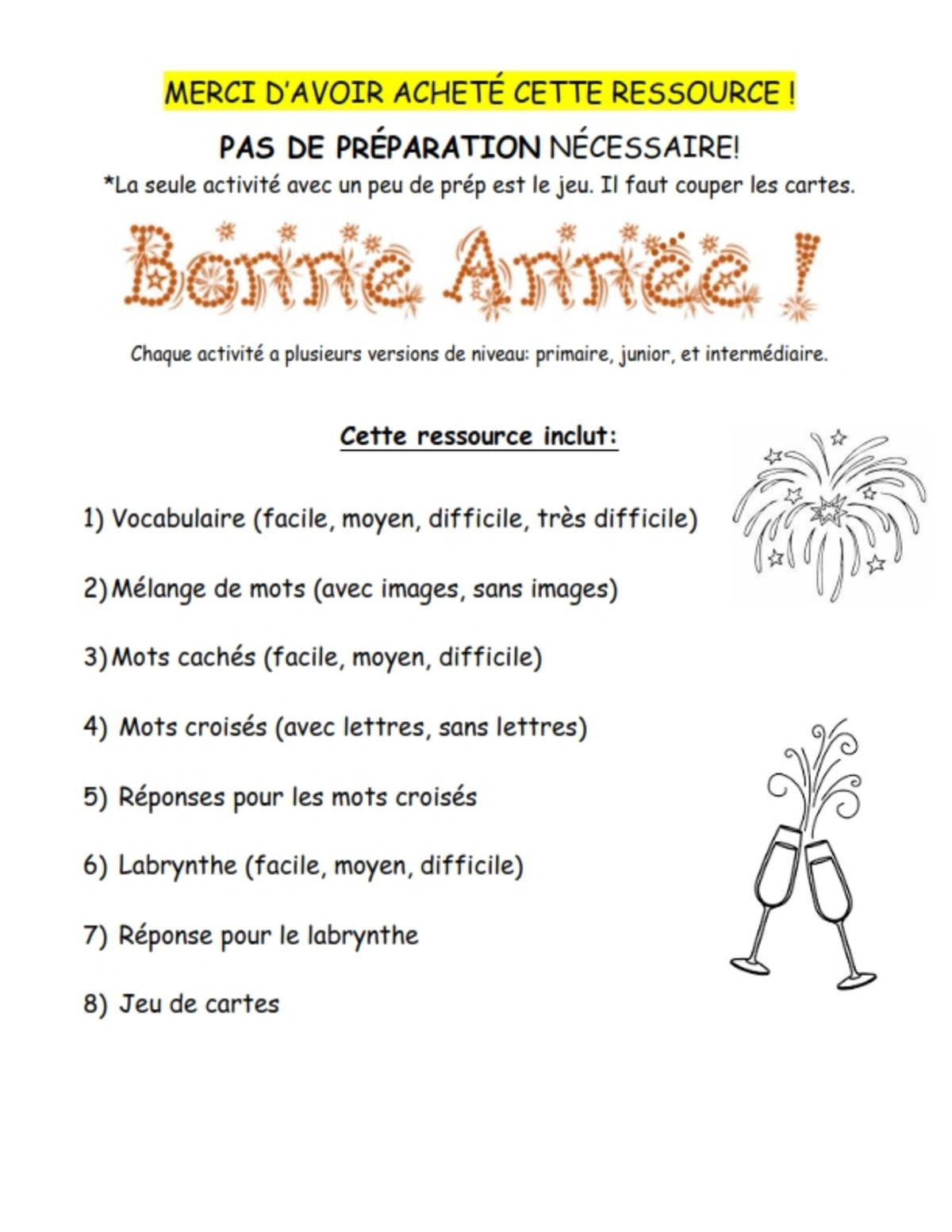 An educational teaching resource from Brave Education entitled Happy New Year! Activities ( French Version ) downloadable at Teach Simple.