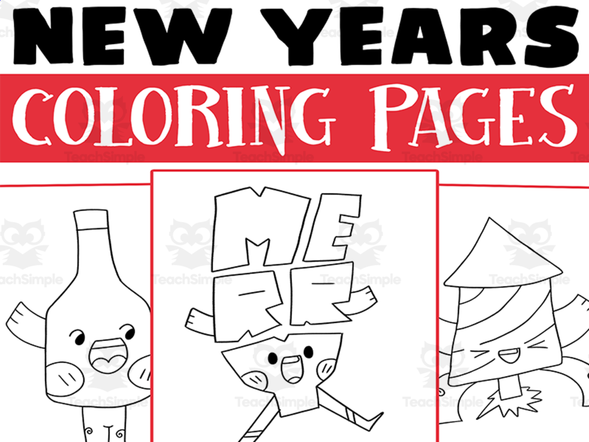 An educational teaching resource from Lapiiin Art Activities entitled Happy New Year Coloring Pages, New Year Coloring Sheets, downloadable at Teach Simple.