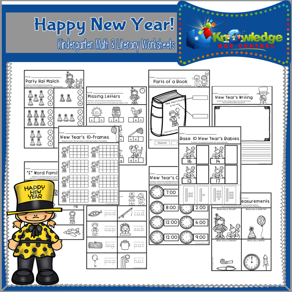 An educational teaching resource from Knowledge Box Central entitled Happy New Year! Kindergarten Math & Literacy Worksheets - EBOOK downloadable at Teach Simple.