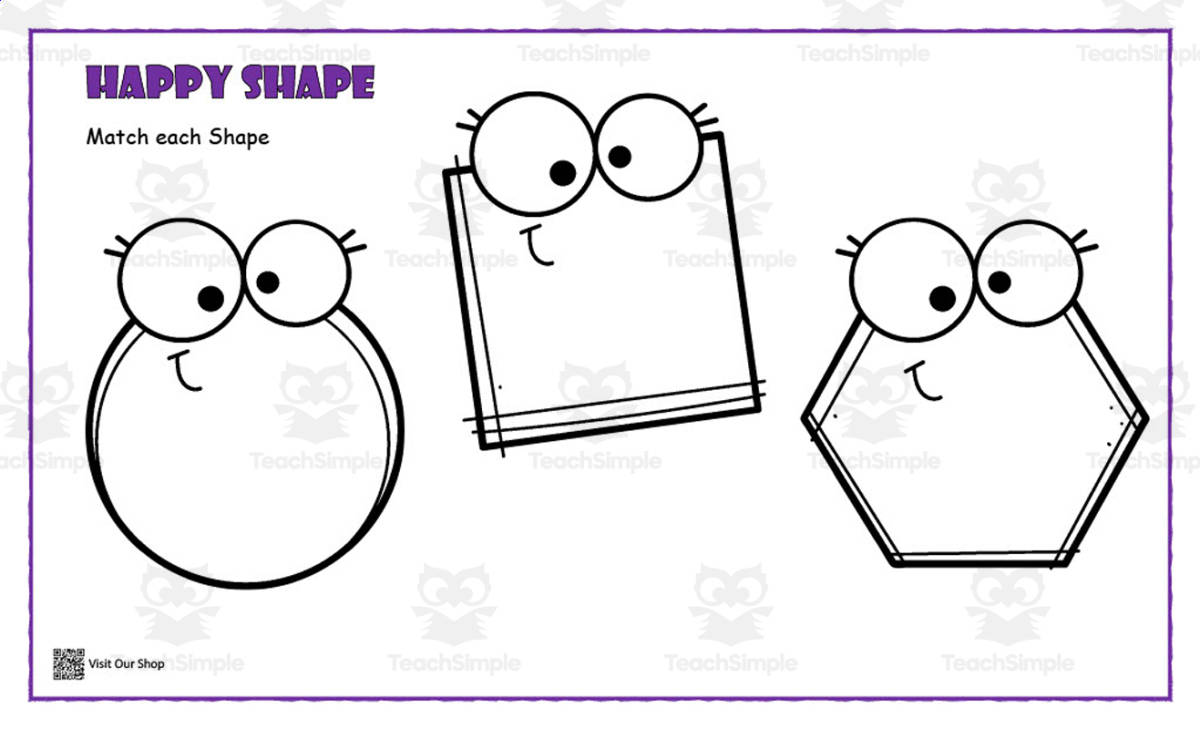 An educational teaching resource from KD's Kids School Shop entitled Happy Shape Matching Activity #3 downloadable at Teach Simple.