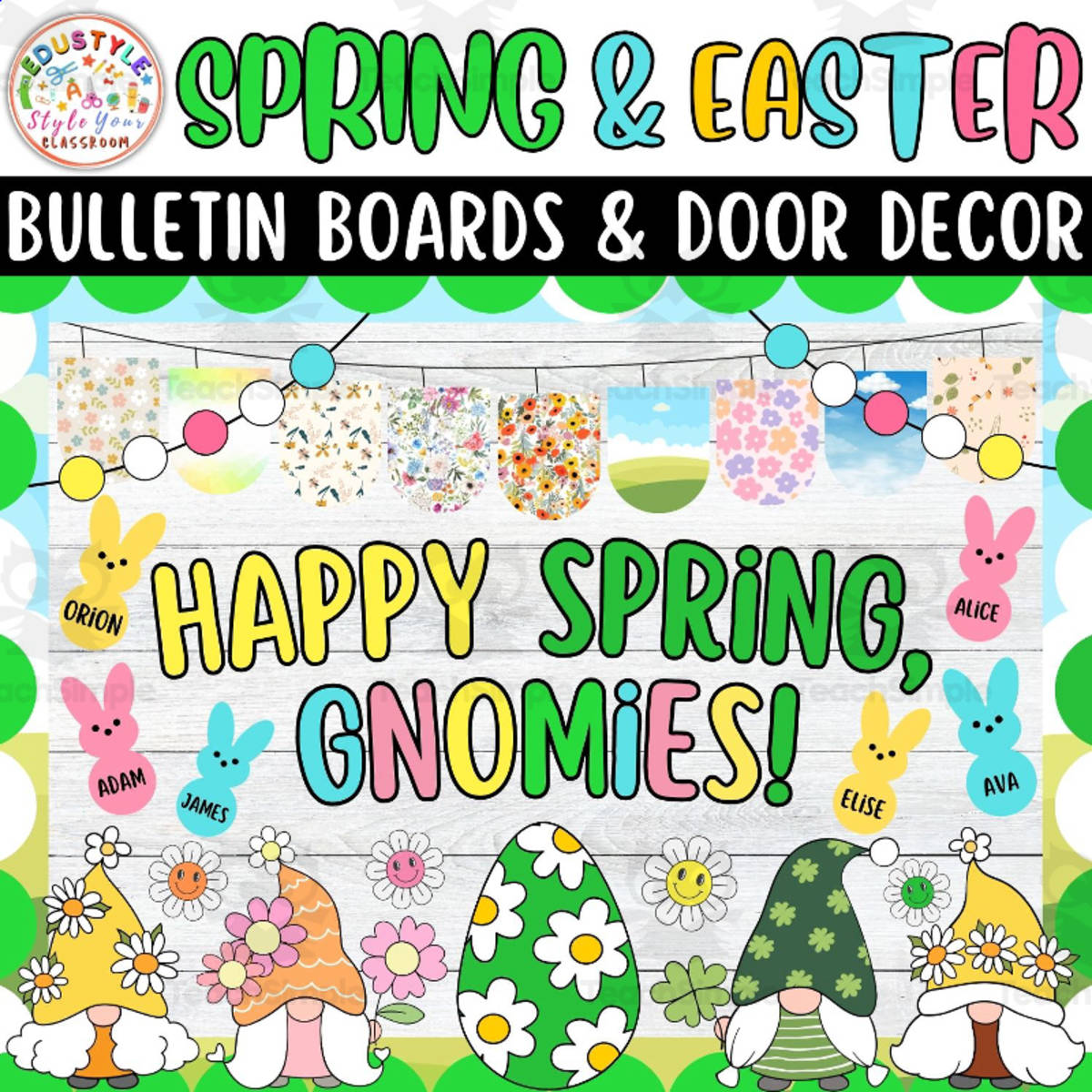 An educational teaching resource from Style Your Classroom entitled Happy Spring Gnomies! Spring and Easter Bulletin Boards & Door Decor downloadable at Teach Simple.