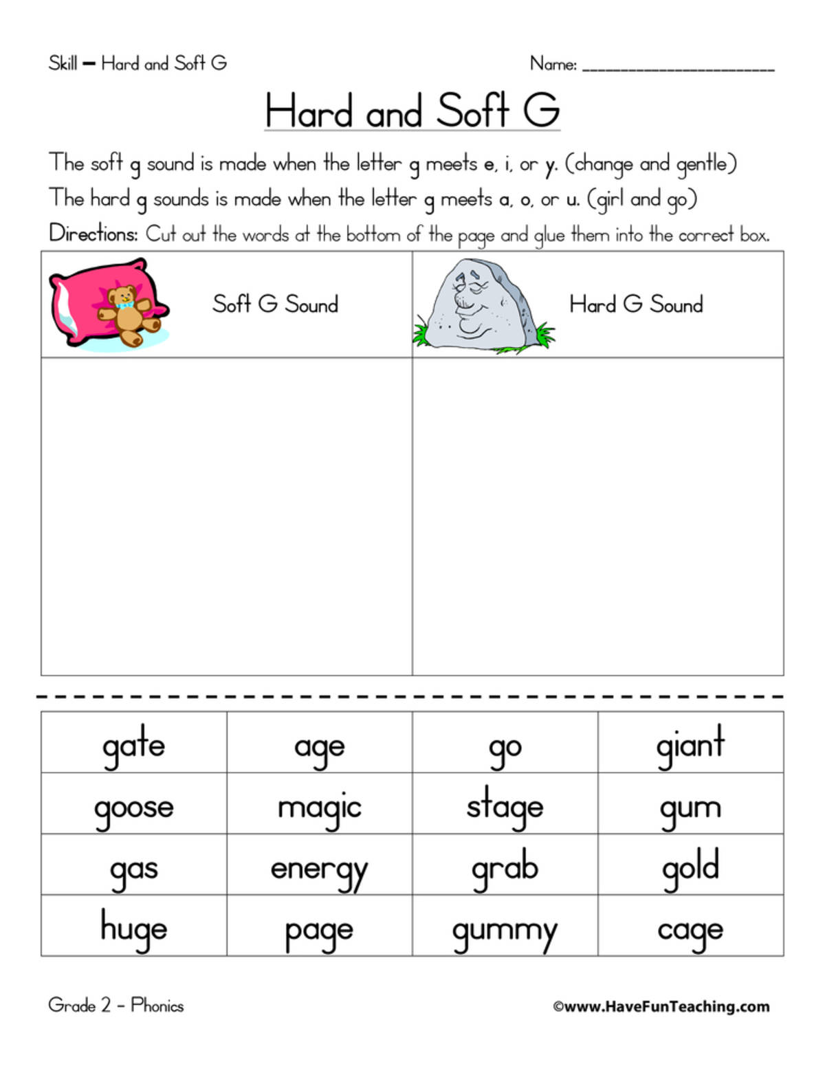 An educational teaching resource from Have Fun Teaching entitled Hard G and Soft G Worksheet – Phonics Sort downloadable at Teach Simple.