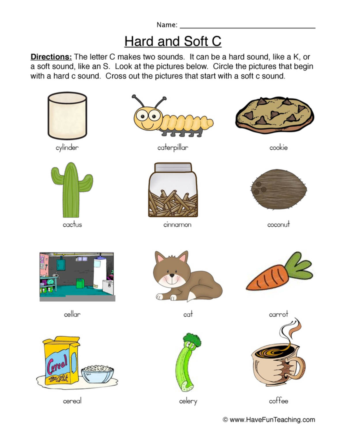 An educational teaching resource from Have Fun Teaching entitled Hard Soft C Pictures Worksheet downloadable at Teach Simple.