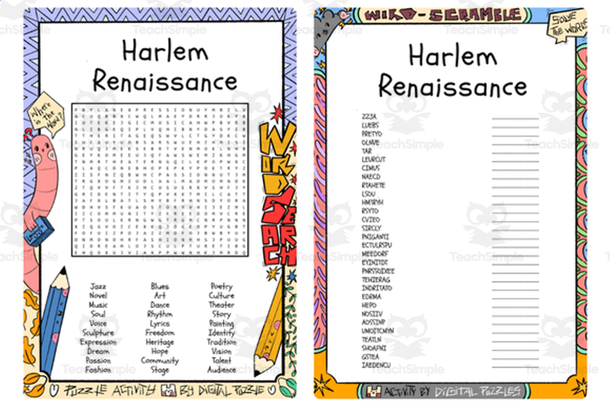 An educational teaching resource from Lapiiin Art Activities entitled Harlem Renaissance word search & scramble downloadable at Teach Simple.