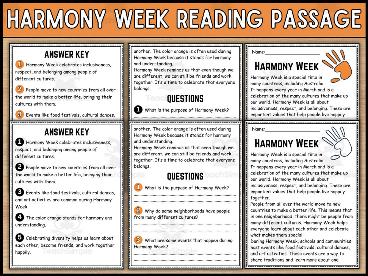 An educational teaching resource from Wonderland School entitled Harmony Week Reading Comprehension Passages ans Questions downloadable at Teach Simple.