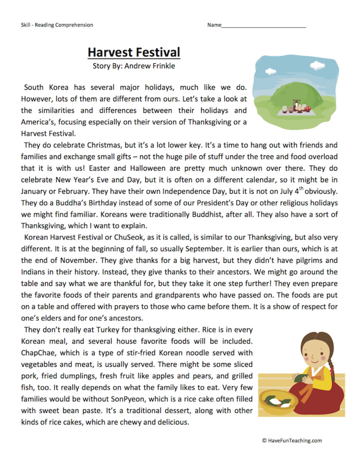 An educational teaching resource from Have Fun Teaching entitled Harvest Festival Reading Comprehension Worksheet downloadable at Teach Simple.