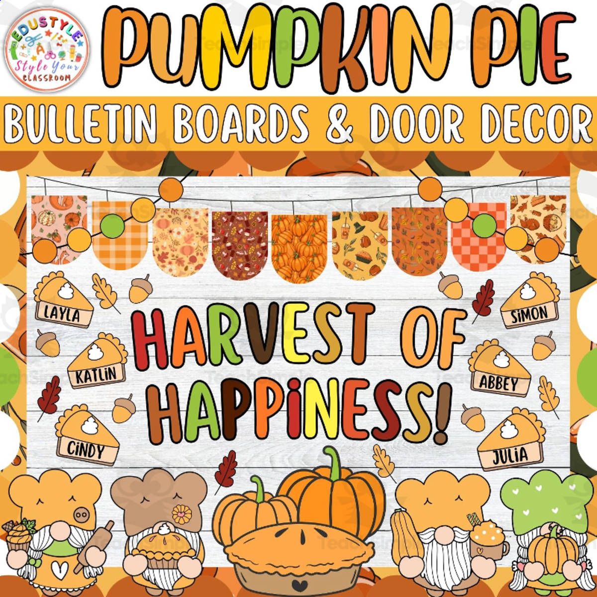 An educational teaching resource from Style Your Classroom entitled Harvest of Happiness!: Thanksgiving Bulletin board or door Decor kit downloadable at Teach Simple.
