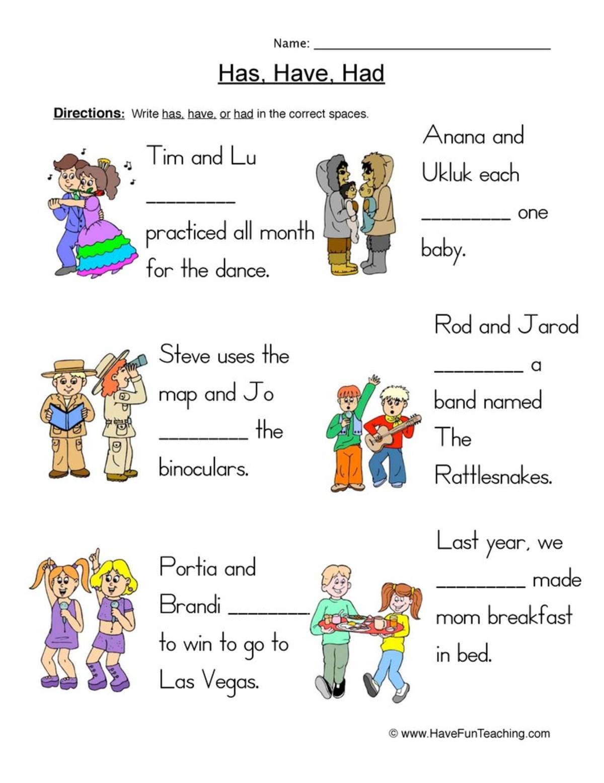 An educational teaching resource from Have Fun Teaching entitled Has Have Had Fill in the Blank Worksheet downloadable at Teach Simple.