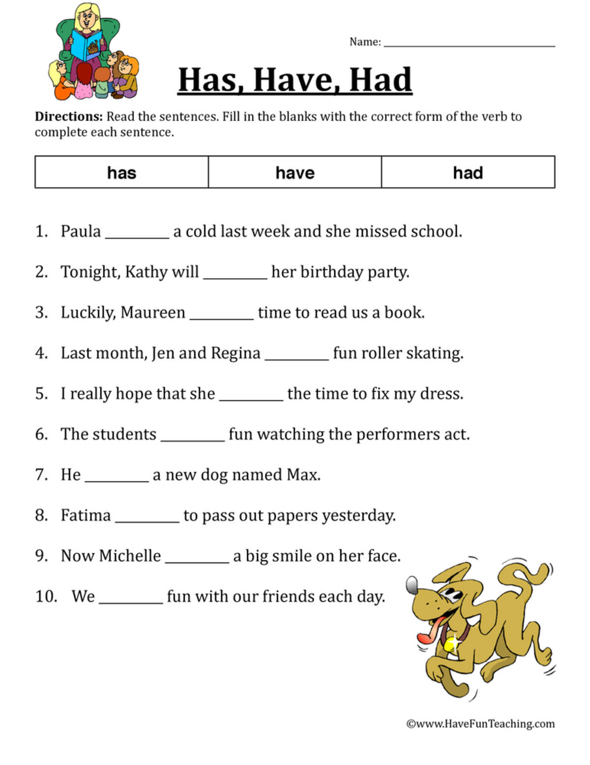 An educational teaching resource from Have Fun Teaching entitled Has, Have, Had Verb Worksheet downloadable at Teach Simple.