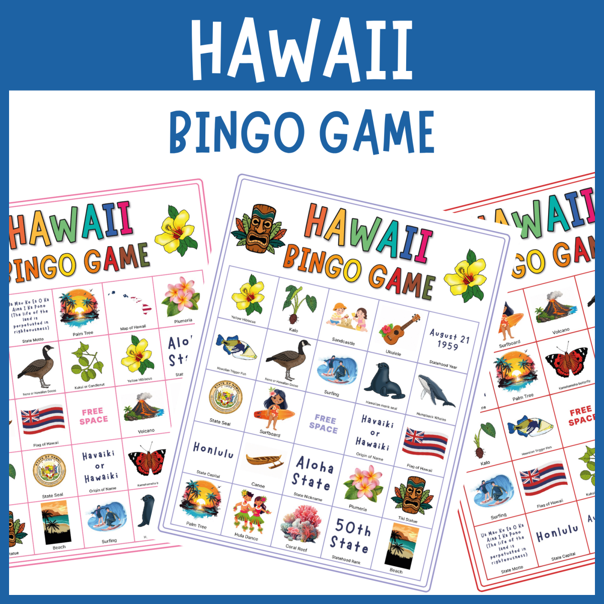 An educational teaching resource from The Clever Llama entitled Hawaii aloha state bingo game luau symbols culture history activities downloadable at Teach Simple.