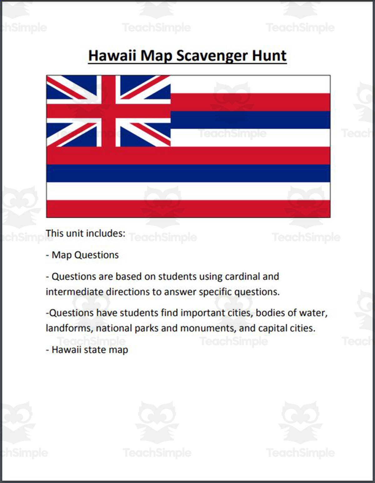 An educational teaching resource from Mr. Matthews Teacher Store entitled Hawaii Map Scavenger Hunt downloadable at Teach Simple.