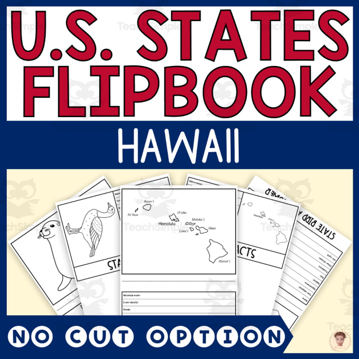 An educational teaching resource from Heather Huhman entitled Hawaii State Flipbook (Capital, Bird, Flower, Flag, Animal) downloadable at Teach Simple.