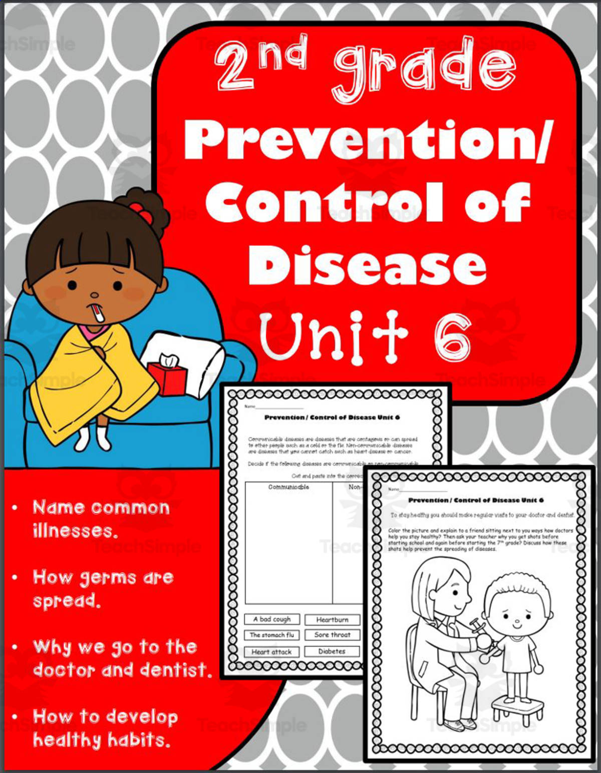 An educational teaching resource from K-5 Treasures entitled Health 2nd Grade Unit 6: Prevention / Control of Disease downloadable at Teach Simple.