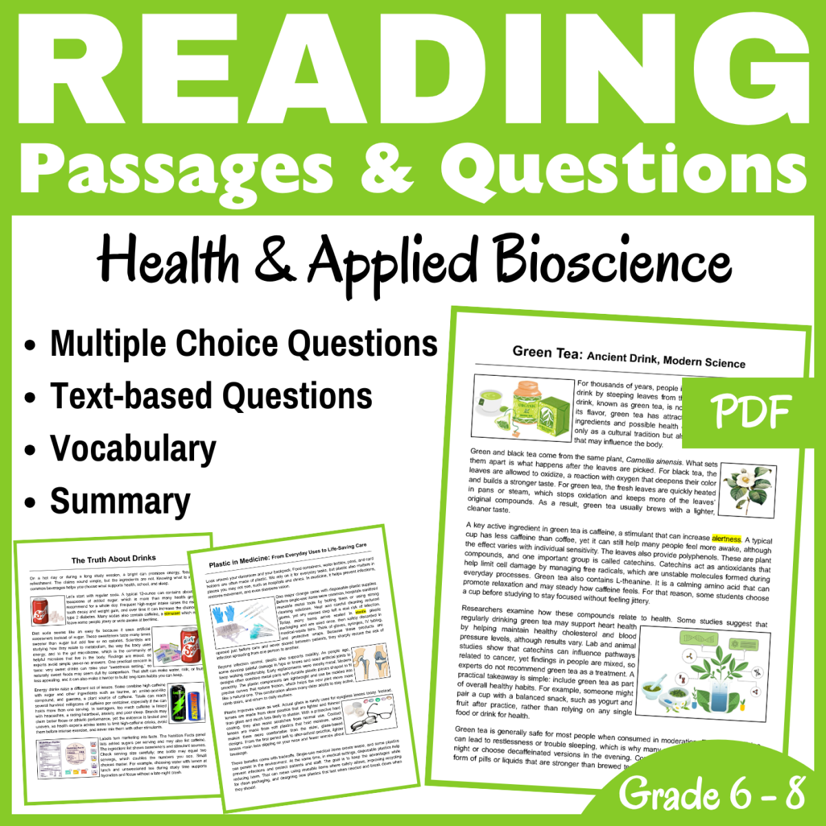 An educational teaching resource from CORED Education - Middle & High School entitled Health & Applied Bioscience: Reading Comprehension Passages (PDF) downloadable at Teach Simple.