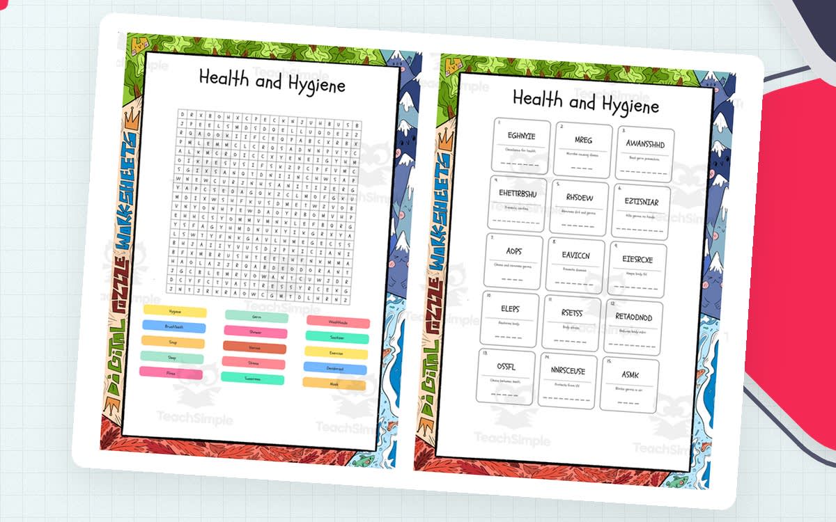 An educational teaching resource from Lapiiin Art Activities entitled Health and Hygiene word search, scramble and crossword puzzle downloadable at Teach Simple.