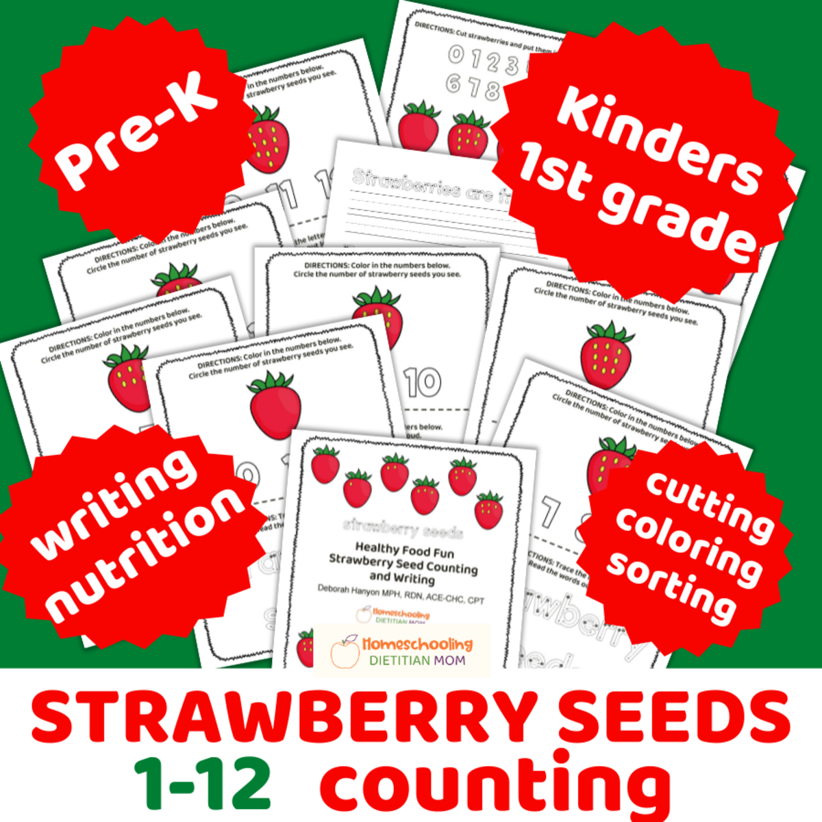 An educational teaching resource from Homeschooling Dietitian Mom entitled Health Coloring Pages: Strawberry Counting & Tracing (0–12) downloadable at Teach Simple.