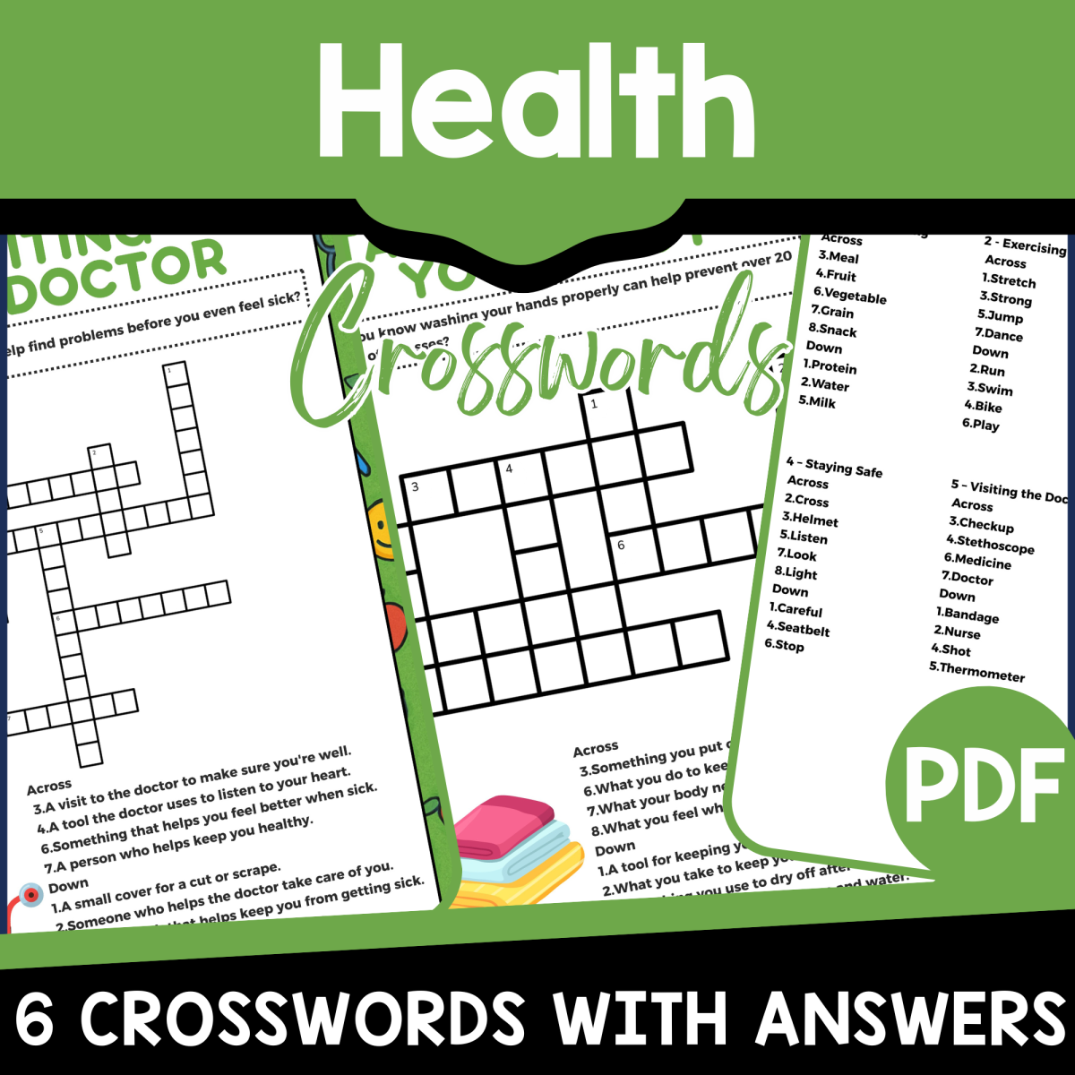 An educational teaching resource from Cored Education entitled Health Crossword Puzzles – Grades 2–5 Vocabulary downloadable at Teach Simple.