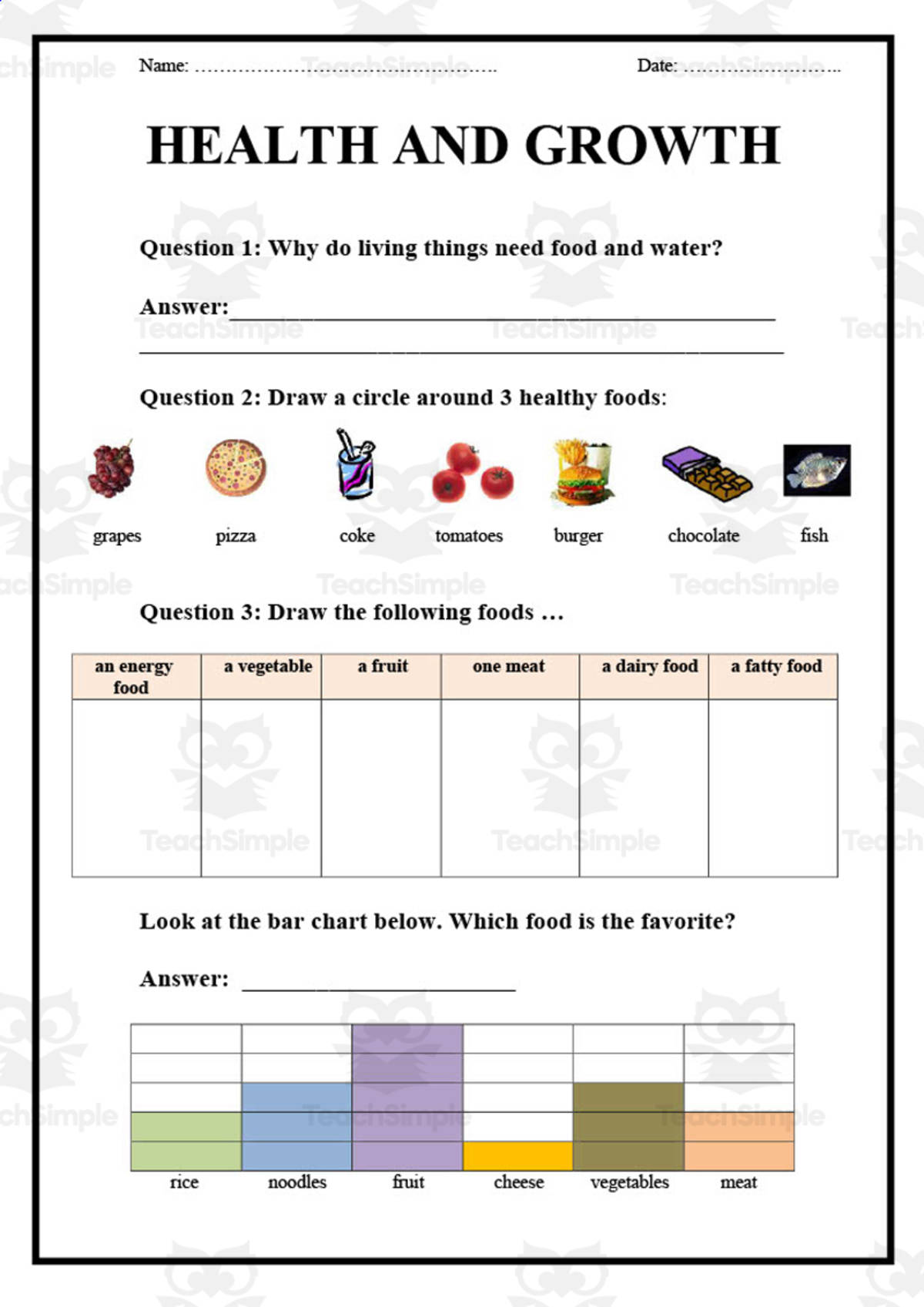 An educational teaching resource from Elementary Resources 4 U entitled Health + Growth Worksheet downloadable at Teach Simple.
