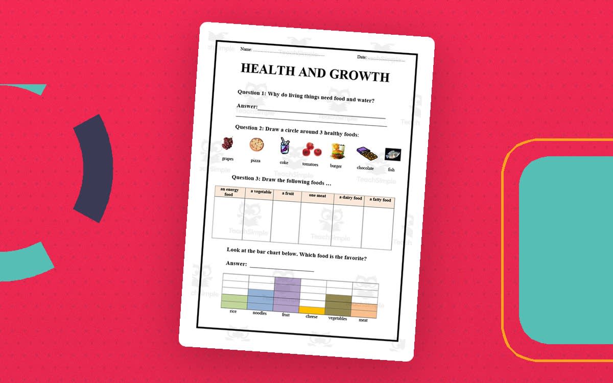 An educational teaching resource from Elementary Resources 4 U entitled Health + Growth Worksheet downloadable at Teach Simple.