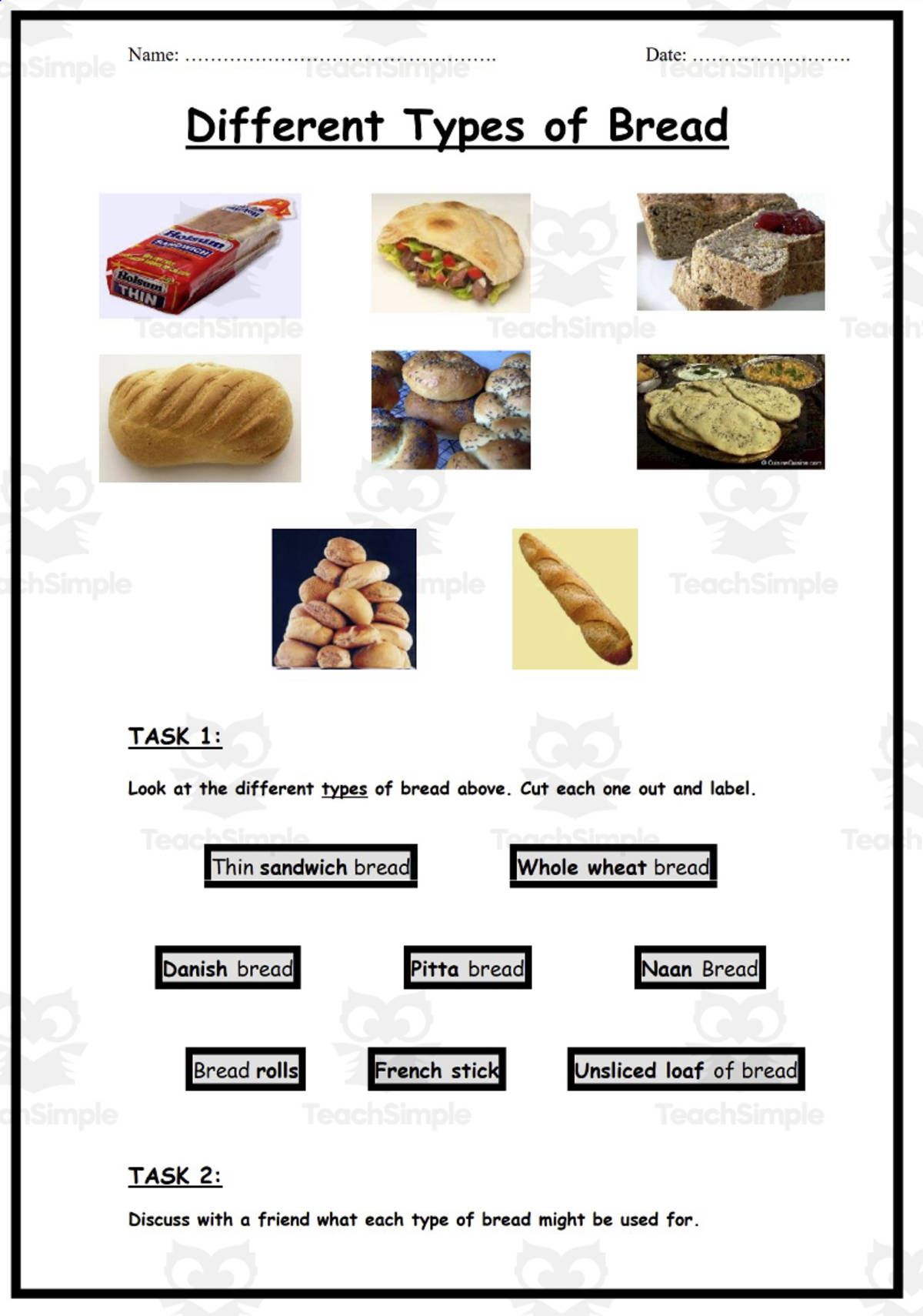 An educational teaching resource from Elementary Resources 4 U entitled Health: Types of Bread downloadable at Teach Simple.