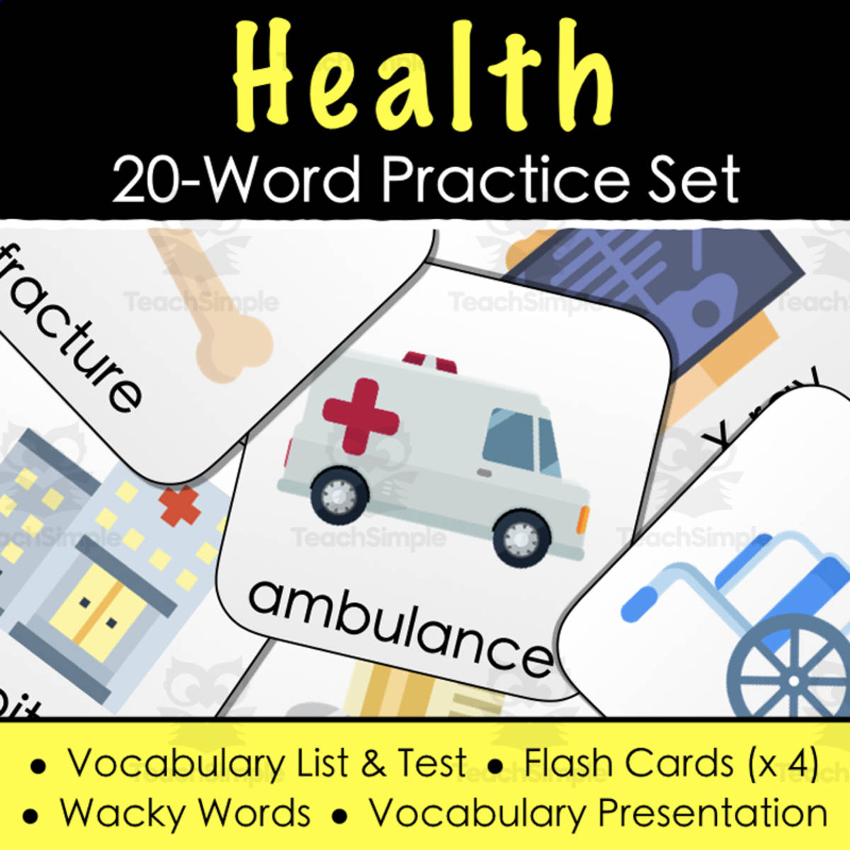 An educational teaching resource from Tom's Talk entitled Health Vocabulary - Digital Activities, Word List & Quiz + 4 Flashcard Sets downloadable at Teach Simple.