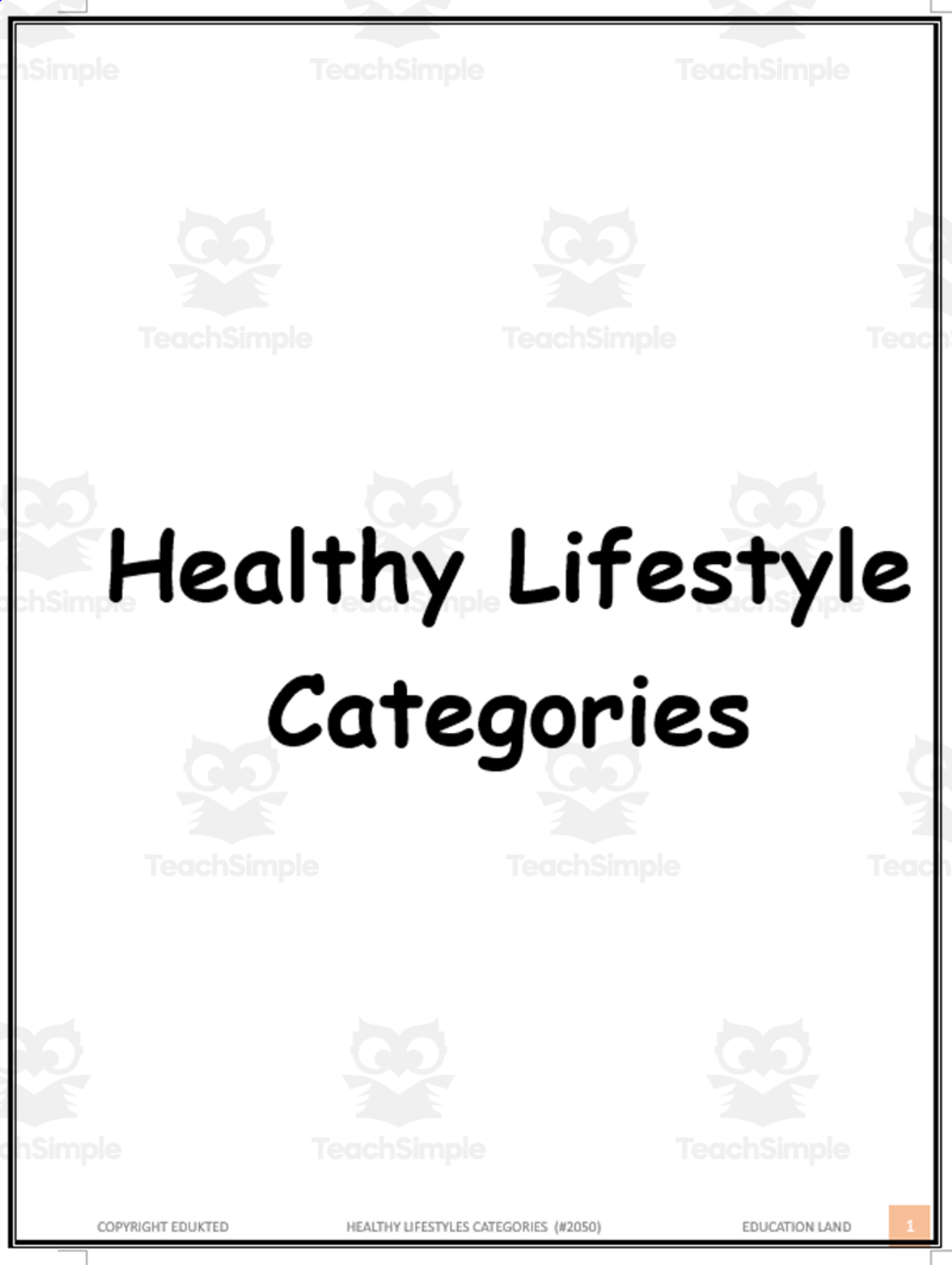 An educational teaching resource from Learn it ANY way entitled Healthy lifestyle categories (#2050) downloadable at Teach Simple.