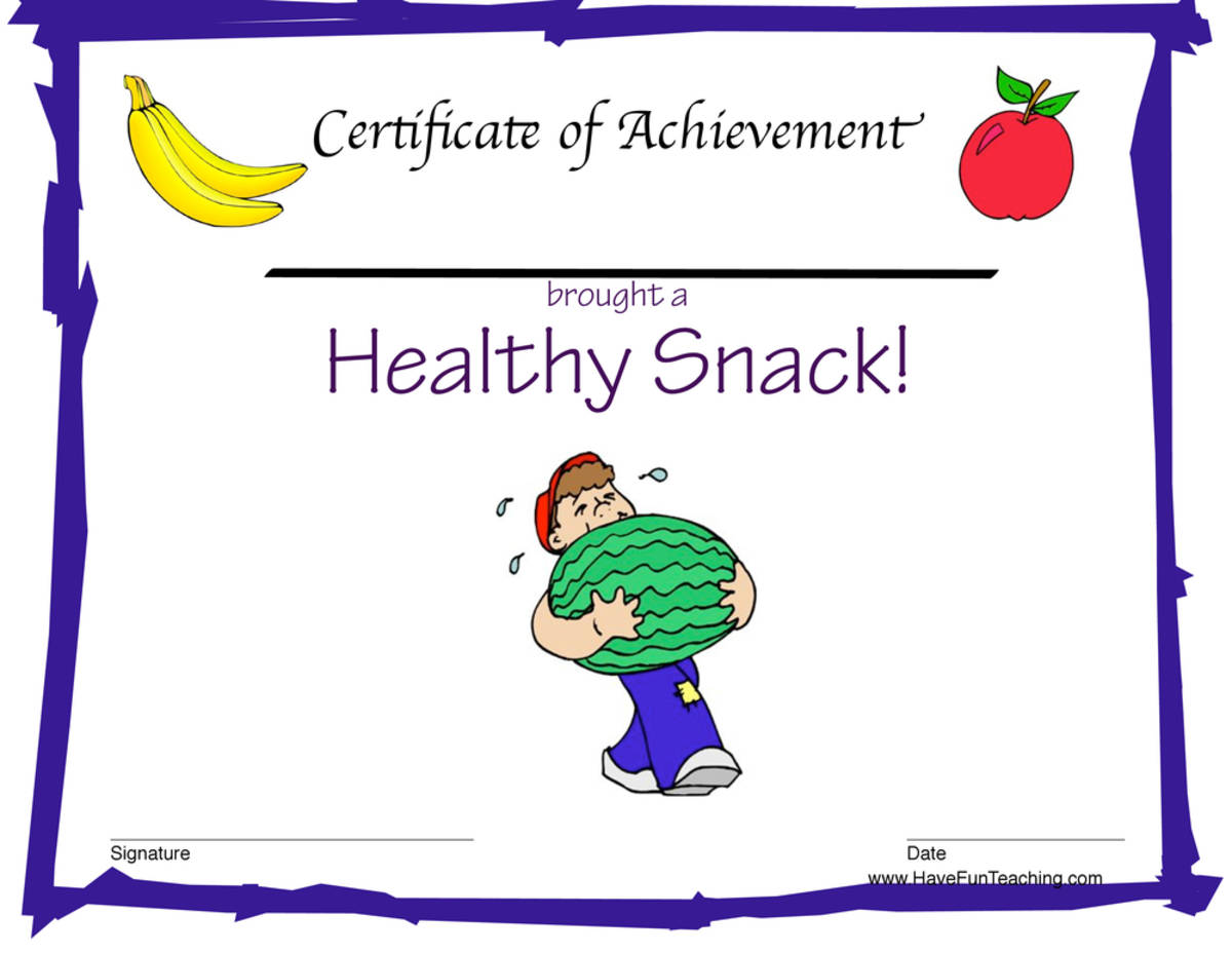An educational teaching resource from Have Fun Teaching entitled Healthy Snack Reward Certificate for Boys downloadable at Teach Simple.